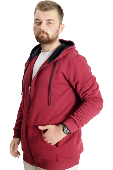 Mode XL Büyük Beden Erkek Sweat Kapüşonlu Fermuarlı Outsider 23547 Bordo - 2