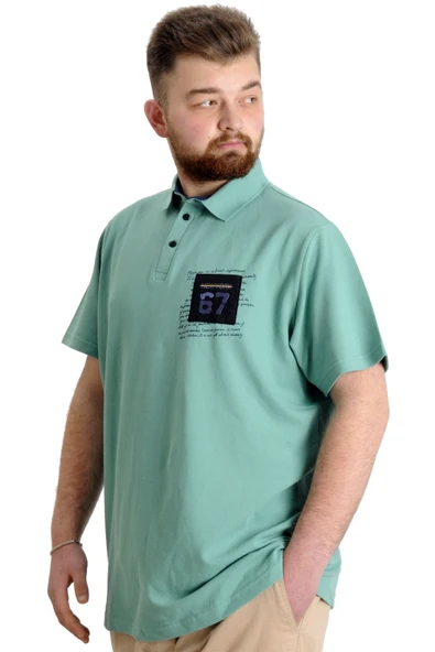 Mode XL Büyük Beden Erkek T-shirt Polo Parçalı NYC 23332 Çağla - Resim 2