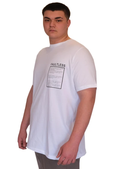 Mode XL Büyük Beden Erkek T-Shirt Bisiklet Yaka FAULTLESS U25011 Beyaz - Resim 3