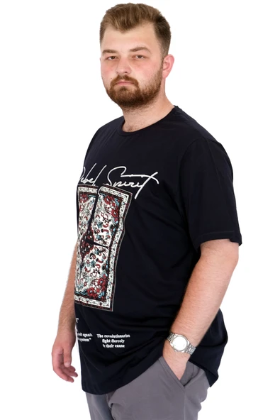 Mode XL Büyük Beden Erkek T-Shirt Bisiklet Yaka REBEL U25039 Lacivert - Resim 2