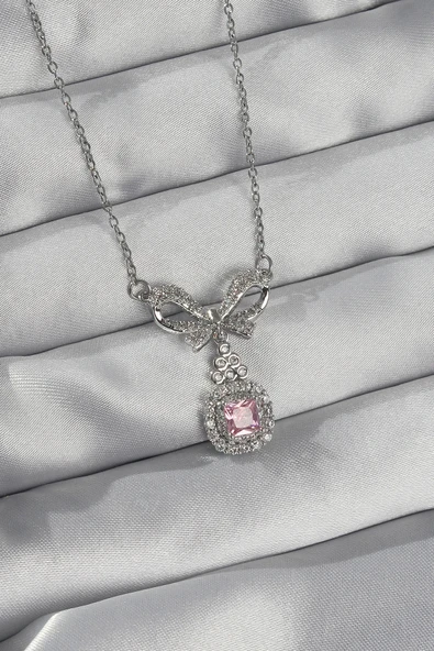 pilelistore 316L Çelik Gümüş Renk Fiyonk Detay Pembe Zirkon Taşlı Tektaş Kolye - TJ-BKO8923