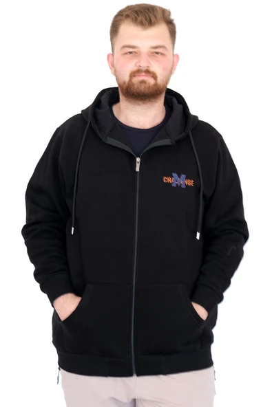 Mode XL Büyük Beden Erkek Kapüşonlu Fermuarlı Sweatshirt U25803 Siyah ürün görseli 1