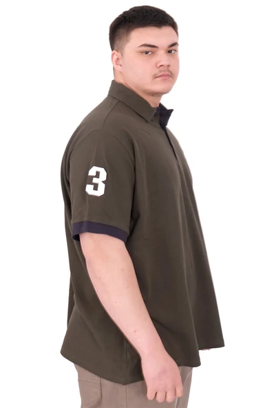 Mode XL Büyük Beden Erkek T-Shirt Polo Yaka Nakış Detaylı U25311 Haki - Resim 2