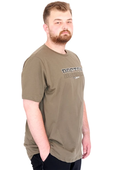 Mode XL Büyük Beden Erkek T-Shirt Bisiklet Yaka BOSTON U25037 Haki - Resim 3