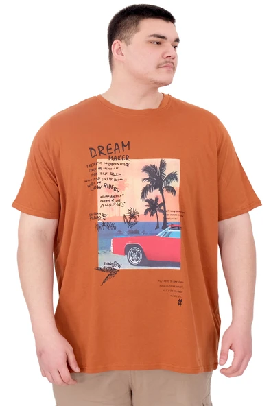 Mode XL Büyük Beden Erkek Baskılı T-Shirt Palm Dream U25026 Tarçın ürün görseli