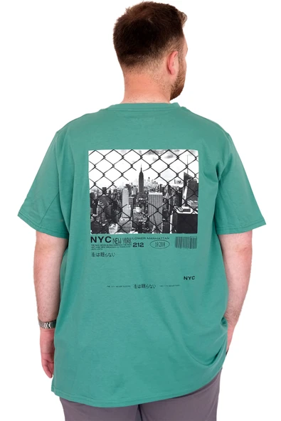 Mode XL Büyük Beden Erkek T-Shirt Bisiklet Yaka NYC New York U25019 Çağla - Resim 4