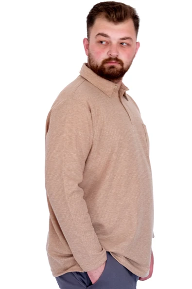 Mode XL Büyük Beden Erkek SweatshirtPolo Yaka Uzun Kol WAFFLE 23449 Bej - 3
