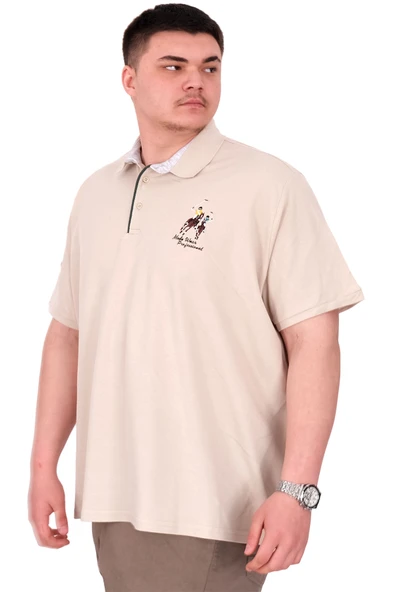 Mode XL Büyük Beden Erkek T-Shirt Polo Yaka Nakış Detaylı U25311 Bej - Resim 4