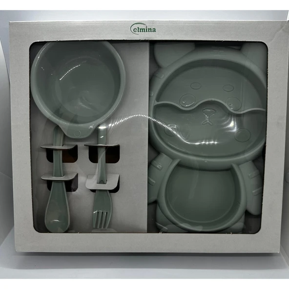 4 Parça Mama Tabağı Seti 3 Bölmeli Ayıcık Şekilli Eğlenceli Mama Tabağı ve Çatal Kaşık Kase Seti - 8