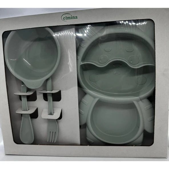 4 Parça Mama Tabağı Seti 3 Bölmeli Ayıcık Şekilli Eğlenceli Mama Tabağı ve Çatal Kaşık Kase Seti - 9