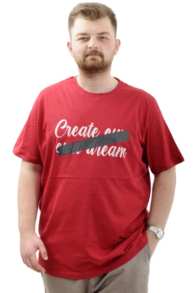 Mode XL Büyük Beden Erkek Tişört Baskılı Pamuklu Bisiklet Yaka CREATE U24079 Bordo ürün görseli 1