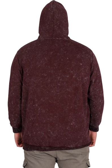 Mode XL Büyük Beden Erkek Kapüşonlu Sweatshirt Asit Yıkama Interlok U24167 Mürdüm - 4