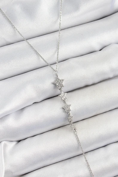 pilelistore Pirinç Zirkon Taşlı Sıralı Yıldız Figürlü Y Model Gümüş Renk Kadın Kolye - TJ-BKO10313