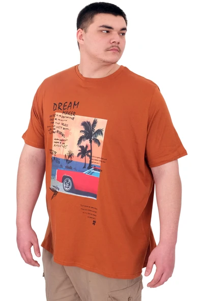 Mode XL Büyük Beden Erkek Baskılı T-Shirt Palm Dream U25026 Tarçın - Resim 4