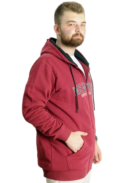 Mode XL Büyük Beden Erkek Kapüşonlu Sweatshirt New Port 23546 Bordo - Resim 3