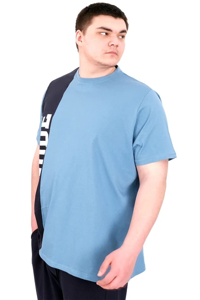 Mode XL Büyük Beden Erkek T-Shirt Parçalı U25501 Mavi - Resim 4