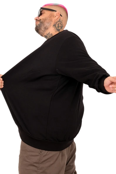 Mode XL Büyük Beden Erkek Bisiklet Yaka Sweatshirt Basic U22465 Siyah - Resim 7