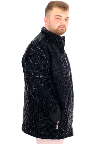 Mode XL Erkek Büyük Beden Dik Yaka Ribanalı Kol Fermuarlı Mont U24611 Siyah - 3