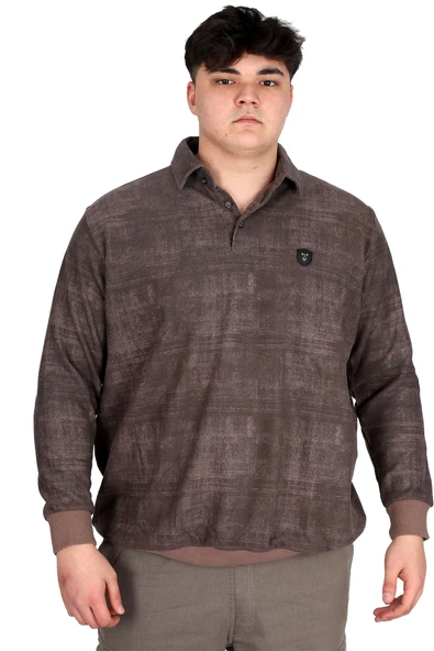 Mode XL Büyük Beden Erkek Polo Yaka Sweatshirt Baskılı Selanik U24440 Kahverengi