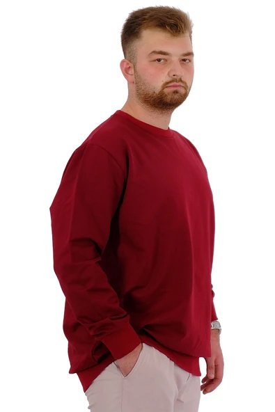Mode XL Büyük Beden Erkek Bisiklet Yaka Basic Sweatshirt U24174 Bordo - Resim 3