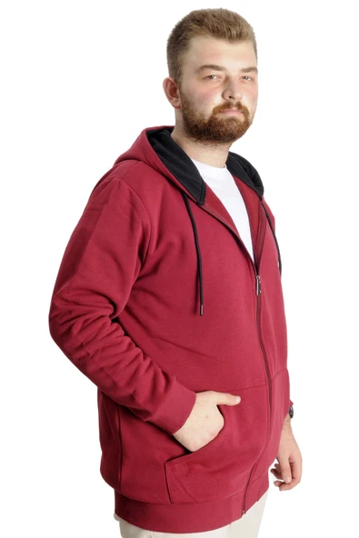 Mode XL Büyük Beden Erkek Sweat Kapüşonlu Fermuarlı Outsider 23547 Bordo - 3