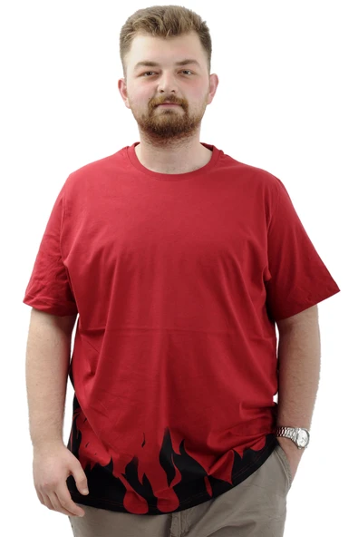 Mode XL Büyük Beden Erkek Baskılı Tişört Bisiklet Yaka Pamuklu FLAME U24082 Bordo ürün görseli