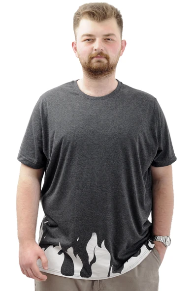 Mode XL Büyük Beden Erkek Baskılı Tişört Bisiklet Yaka Pamuklu FLAME U24082 Antramelanj ürün görseli