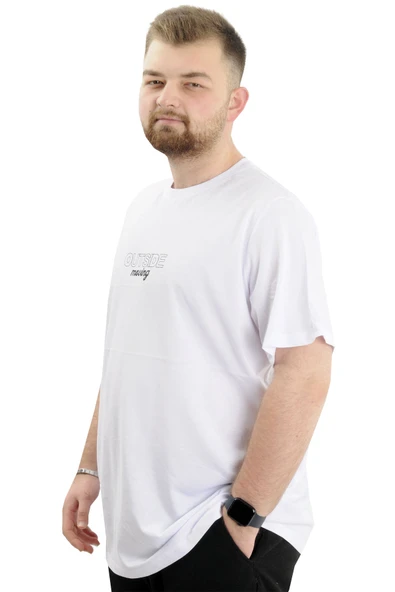Mode XL Battal Beden Erkek Tişört Bisiklet Yaka Baskılı OUT SIDE U24041 Beyaz - Resim 2