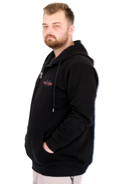 Mode XL Büyük Beden Erkek Kapüşonlu Fermuarlı Sweatshirt U25803 Siyah - Resim 2