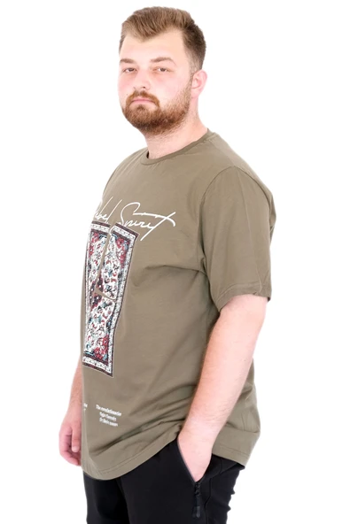 Mode XL Büyük Beden Erkek T-Shirt Bisiklet Yaka REBEL U25039 Haki - Resim 2