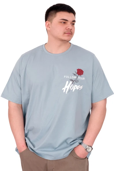 Mode XL Büyük Beden Erkek T-Shirt Bisiklet Yaka ROSE U25032 Mavi ürün görseli