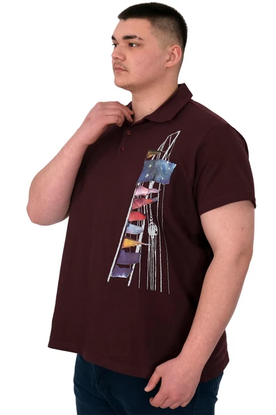 Mode XL Büyük Beden Erkek T-Shirt Polo Flag U25304 Mürdüm - Resim 5