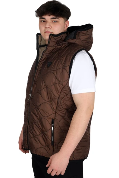 Mode XL Büyük Beden Erkek Fermuarlı Kapüşonlu Şişme Yelek U24705 Kahverengi - 3