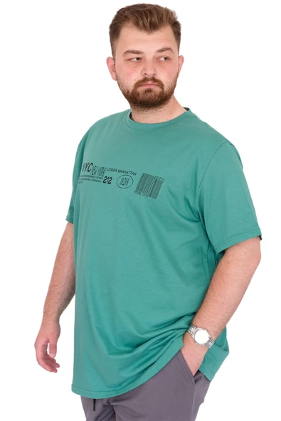 Mode XL Büyük Beden Erkek T-Shirt Bisiklet Yaka NYC New York U25019 Çağla - Resim 2