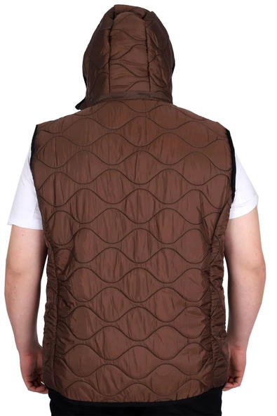 Mode XL Büyük Beden Erkek Fermuarlı Kapüşonlu Şişme Yelek U24705 Kahverengi - 4