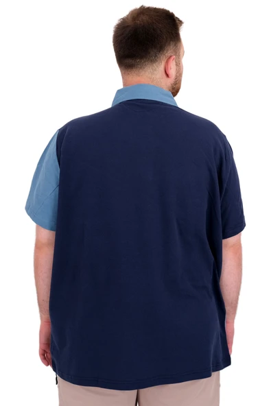 Mode XL Büyük Beden Erkek T-Shirt Polo Yaka Parçalı 25313 İndigo - Resim 4