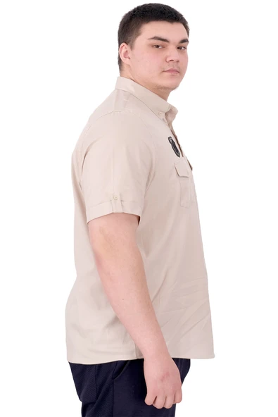 Mode XL Büyük Beden Erkek Gömlek Çift Kapaklı Gabardin U25601B Bej - Resim 3