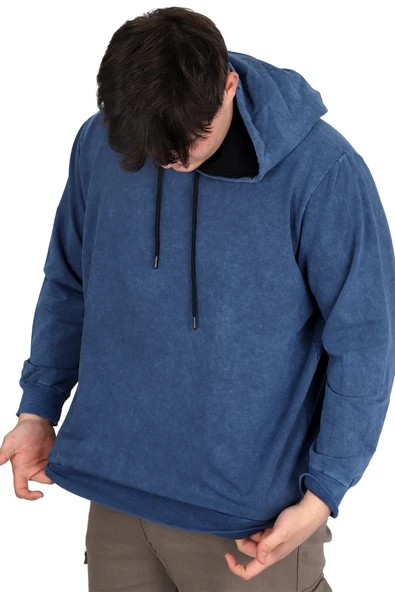 Mode XL Büyük Beden Erkek Kapüşonlu Sweatshirt Asit Yıkama Interlok U24167 İndigo - Resim 3