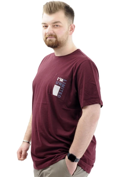 Mode XL Erkek Büyük Beden T-Shirt Pamuklu Baskılı Bisiklet Yaka Tişört LIMITED U24052 Mürdüm - Resim 2