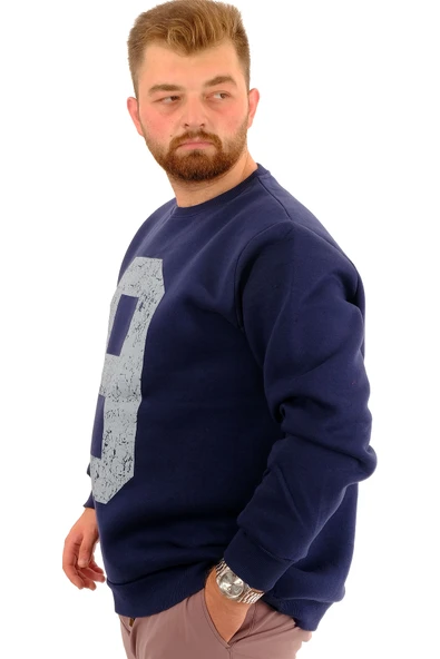 Mode XL Büyük Beden Erkek Sweatshirt 3 İplik Şardonlu Baskılı NINE U24528 İndigo - Resim 2