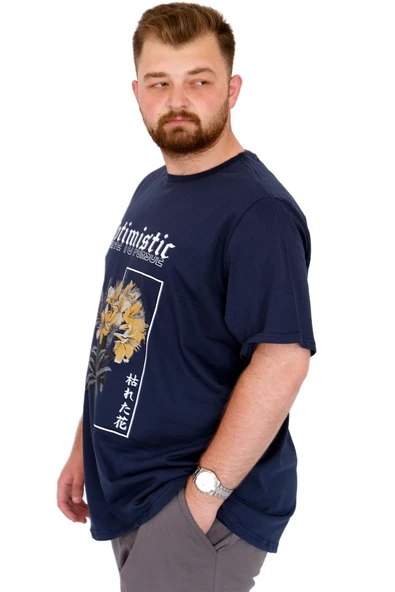 Mode XL Büyük Beden Erkek T-Shirt Bisiklet Yaka OPTIMISTIC U25028 İndigo - Resim 2