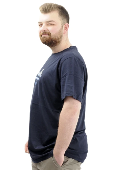 Mode XL Büyük Beden Erkek T-Shirt Bisiklet Yaka Baskılı FRESH U24059 Lacivert - Resim 2