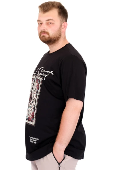 Mode XL Büyük Beden Erkek T-Shirt Bisiklet Yaka REBEL U25039 Siyah - Resim 2