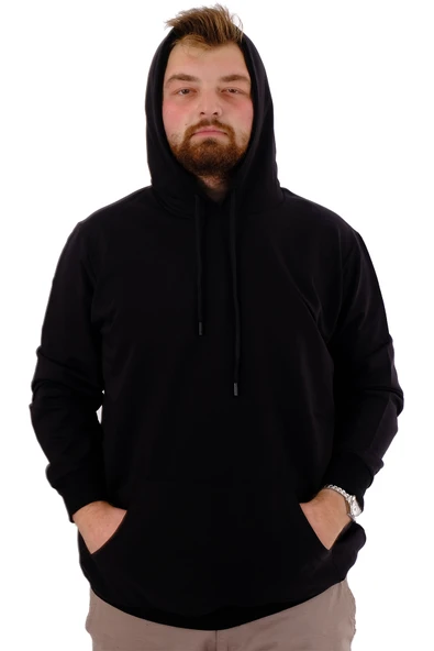 Mode XL Büyük Beden Erkek Basic Sweatshirt Kapüşonlu Kanguru Cep U24166 Siyah ürün görseli