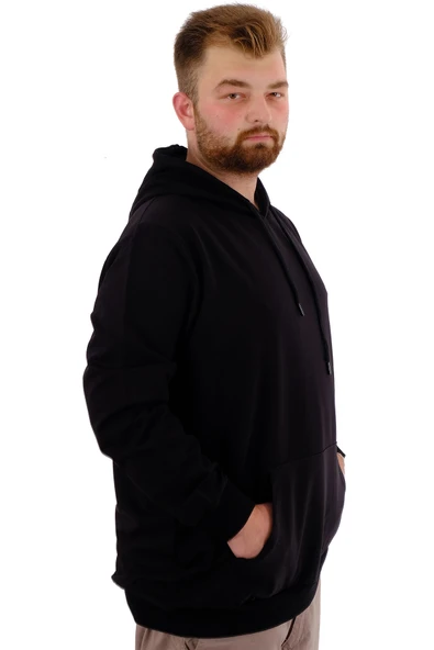 Mode XL Büyük Beden Erkek Basic Sweatshirt Kapüşonlu Kanguru Cep U24166 Siyah - Resim 4