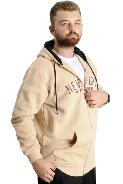 Mode XL Büyük Beden Erkek Kapüşonlu Sweatshirt New Port 23546 Bej - Resim 3