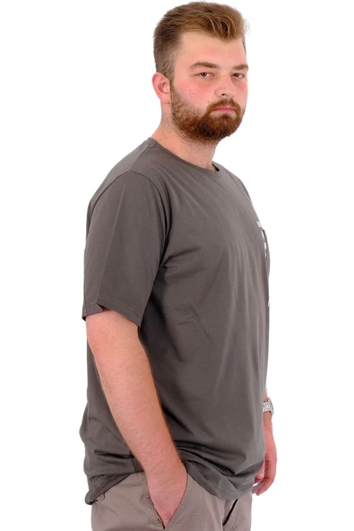 Mode XL Erkek Büyük Beden T-Shirt Pamuklu Baskılı Bisiklet Yaka Tişört NUMBER U24051 Haki - Resim 3