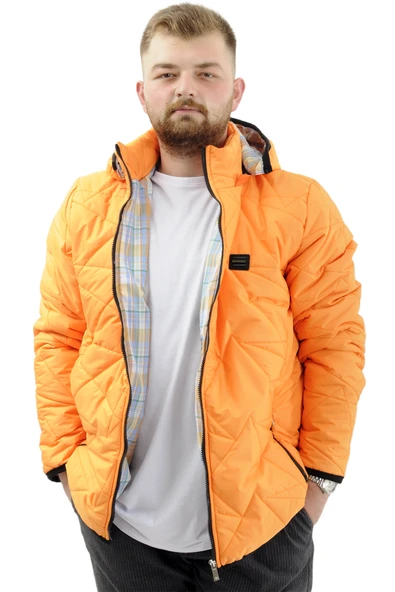 Mode XL Büyük Beden Erkek Kapitone Mont Kapüşonlu U24606 Oranj