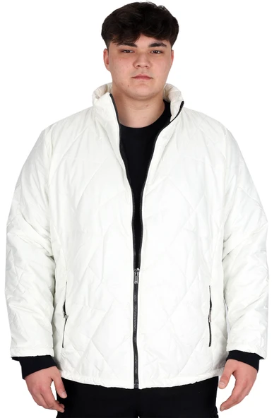 Mode XL Büyük Beden Erkek Dik Yaka Kapitone Mont U24613 Ekru