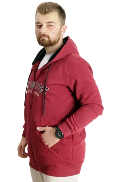 Mode XL Büyük Beden Erkek Kapüşonlu Sweatshirt New Port 23546 Bordo - Resim 2
